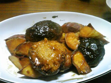 しいたけの肉詰めとさつまいもの広東風炒め