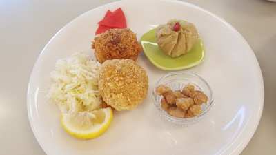 粟とカボチャのクロケット&キノコの米パスタ&ひよこ豆スープ 粟とカボチャのクロケット&キノコの米パスタ&ひよこ豆スープ