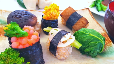 #野菜寿司 ・#蓮根すりながし汁 ・#高野豆腐の八丁焼き ・#つくも煮 ・#白玉椿 #野菜寿司 ・#蓮根すりながし汁 ・#高野豆腐の八丁焼き ・#つくも煮 ・#白玉椿
