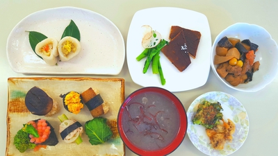 #野菜寿司 ・#蓮根すりながし汁 ・#高野豆腐の八丁焼き ・#つくも煮 ・#白玉椿 #野菜寿司 ・#蓮根すりながし汁 ・#高野豆腐の八丁焼き ・#つくも煮 ・#白玉椿