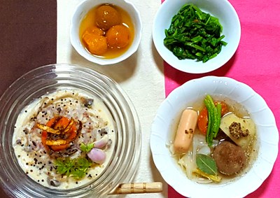 稗クリームリゾット*ポトフ*青菜の味噌梅和え*金柑の水煮 稗クリームリゾット*ポトフ*青菜の味噌梅和え*金柑の水煮