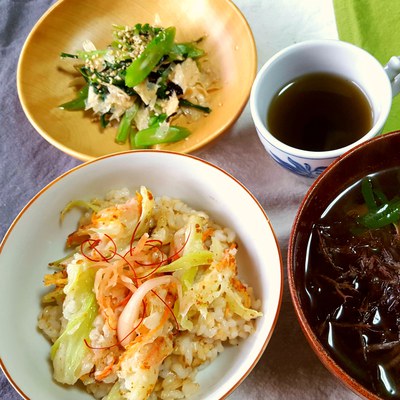 春菊と比叡ゆばの和え物*かき揚げ丼 春菊と比叡ゆばの和え物*かき揚げ丼